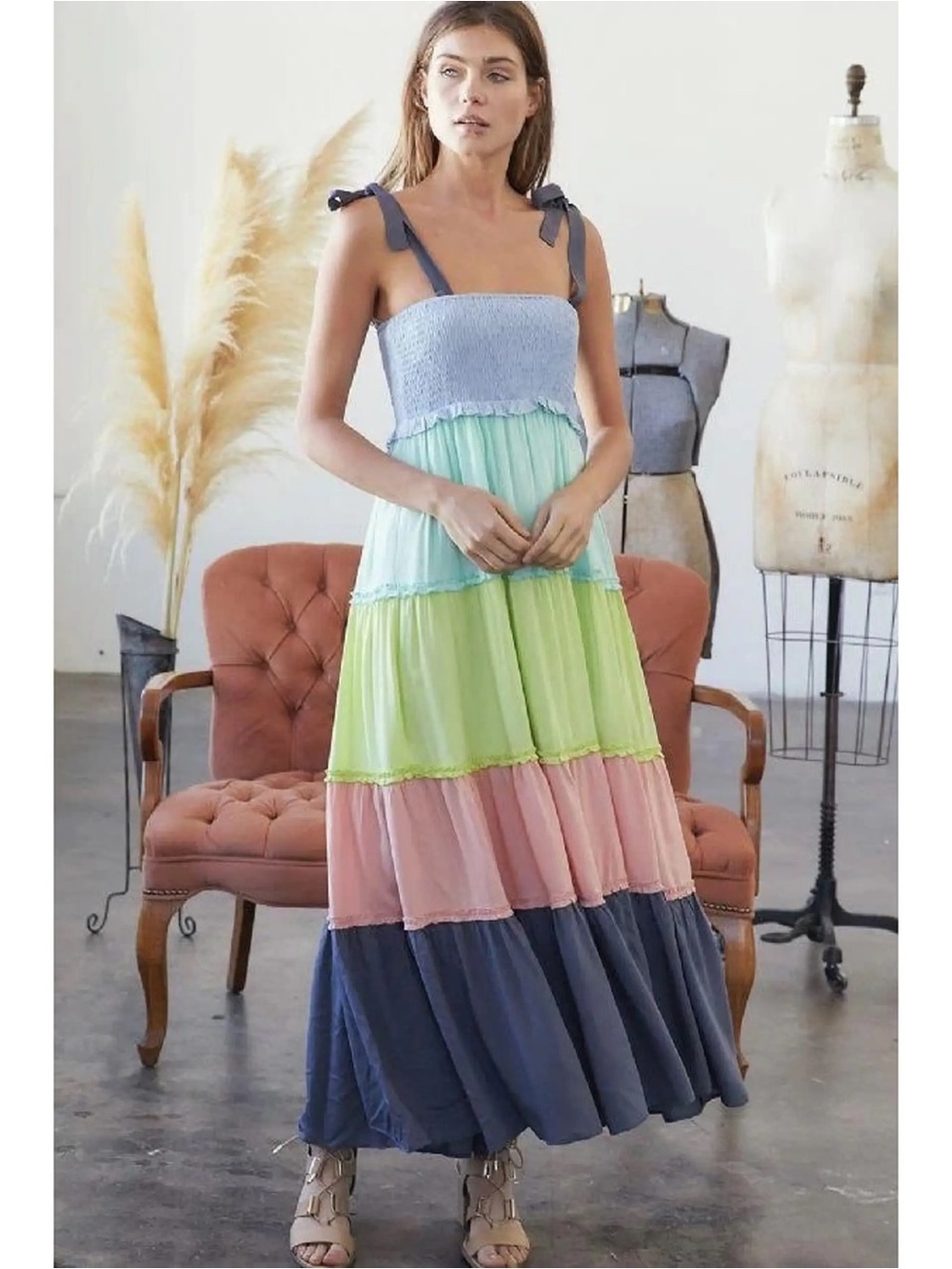 Chic Soul Colorblock Ruffled Maxi Dress with Smocked Bandeau Top Plus Size